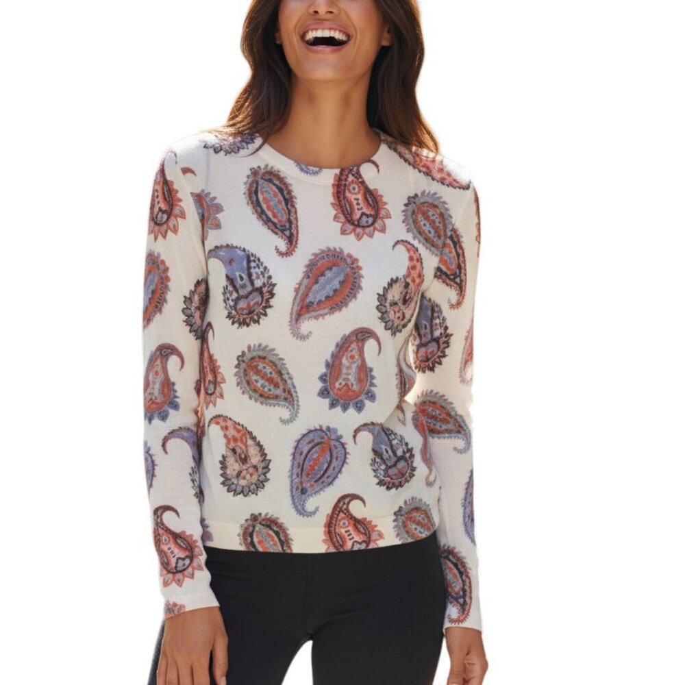 Tory Burch Women’s Paisley Long Sleeve Top Size M Cream Boho Luxury Blouse